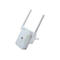Weißer Strong WLAN-Repeater mit zwei Antennen und leuchtenden Status-LEDs vor weißem Hintergrund.