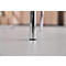 Close-up of two chrome chair legs standing on a light floor. The legs have black plastic feet.