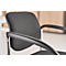 Close-up of a black office chair with armrest and backrest.