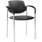 Black chair with armrests and silver legs. Seat and backrest are made of smooth material.