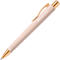 Stylo à bille beige avec des éléments dorés. Le stylo a un clip et l'inscription Faber-Castell.