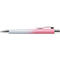 Un stylo à bille avec un dégradé blanc-rose. Le stylo a un clip argenté et l'inscription Faber-Castell.