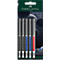 Cinq rollers encre Faber-Castell de différentes couleurs sur un emballage de vente.