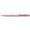 Un stylo à bille rose. La pièce métallique sur l'agrafe porte l'inscription "Schneider".