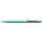 Stylo à bille turquoise, plan rapproché. Schneider est écrit sur le clip.