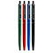 Quatre stylos côte à côte en vert, rouge, bleu et noir. Chaque stylo a un clip argenté et le mot 'limit' sur la tige.