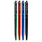 Quatre stylos à bille de couleurs différentes : vert, rouge, bleu et noir. Chaque stylo est doté d'un clip argenté et de l'inscription "limit".