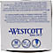 Gros plan d'un emballage de stylo blanc avec lettrage bleu. Le nom WESTCOTT est en haut, suivi de "Since 1872" et d'autres informations.