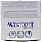 Vue de dessus d'une boîte de stylos. L'emballage est blanc, avec du texte bleu et le logo de Westcott. Informations sur les stylos, y compris l'épaisseur du trait de 0,5 mm.