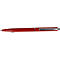 Gros plan sur un stylo à bille rouge. Le stylo est rouge, avec une section centrale argentée. Des détails tels que la marque sont lisibles.
