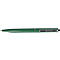Un stylo à bille vert posé sur une surface blanche. Le stylo a une pointe argentée et un clip argenté avec une inscription.