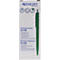 Stylo à bille rétractable vert avec une étiquette blanche. L'étiquette indique le nom de la marque, les spécifications et le nom du produit.