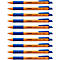 Plusieurs stylos Stabilo Pointball. Ils ont un capuchon et une poignée bleus, le reste du stylo est orange. Le stylo indique : STABILO pointball M 0.5 8038/41.
