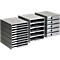 Three gray filing systems with a different number of compartments. Each system has a smooth surface and a rectangular frame.