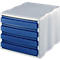 Desk organizer with 4 blue drawers surrounded by a white case, rounded edges.