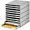 Gray, rectangular paper tray tower with 10 drawers. Two drawers are open; one contains yellow paper, the other white paper.