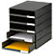Grey file stacker with five compartments. Two drawers are open. In one, yellow paper, in the other, white paper.