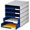 Gray and blue document organizer with drawers. Two drawers are open, containing yellow and white papers.