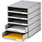 Grey 5-tier desk organizer with two open trays, one with white paper, one with yellow paper.