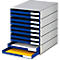 Grijze documentenorganizer met blauwe lades. Gele en witte vellen liggen in twee laden.