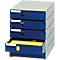 Blauw en grijze archiefkast met vier lades, waarvan één open, gevuld met geel papier.