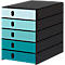 A chest of drawers with drawers in different shades of blue. The right side and top are black.