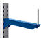 Blue shelf support, attached to a shelf support. A silver pin at the end.