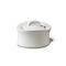 White sugar bowl with lid and handle, on a white background.