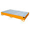 Yellow, rectangular spill containment pallet with grating and feet. On a white background.