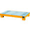 Yellow metal spill pallet with grid. Four rectangular feet, standing in empty space.