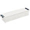 Clear plastic storage box with ribbed lid and grey closures.