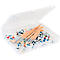 Open transparent box with paintbrushes and tubes of paint.