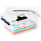 Transparent storage box with lid, filled with paper, pens, and a binder clip.
