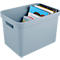 Light blue storage box with books. There is a handle on the box. Several books are partially visible in the box.
