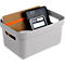 Grey storage box filled with a notebook, hard drive, and calculator.
