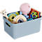 Light blue box filled with toys: giraffe, ring, ball, book and stuffed animal.