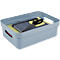 Light blue storage box with stationery: scissors, notepad and yellow sticky notes.