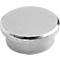 A silver furniture knob, round and flat. The edge is slightly beveled.
