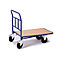 A blue transport cart with wooden top and four wheels, against a white background.