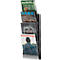 Porte-brochures mural vertical avec quatre compartiments en plastique transparent et une base argentée.