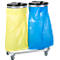 Deux poubelles avec des sacs bleus et jaunes sur un chariot.
