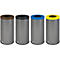 Quatre poubelles grises et cylindriques avec des couvercles marron, noirs, bleus et jaunes. Chaque poubelle a une ouverture ronde.