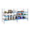 A three-tiered metal shelf filled with various tools and materials against a white background.