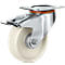 Close-up of a castor wheel. The wheel has a creamy tyre held by a metallic shiny frame. The frame is equipped with a braking device.