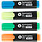Quatre surligneurs bleus, jaunes, verts et orange, disposés côte à côte.