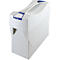 A white file cabinet with a blue handle and blue label. The cabinet has a ribbed front and a curved lid.