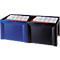 Two card file boxes, blue and black, side by side. White lettering on the red index cards.