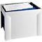 White, rectangular hanging file folder with blue interior and white index cards.