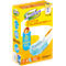 Gele Swiffer Duster Staubmagnet Kit verpakking met reinigingsborstel. Productafbeelding met blauw en geel kleurenschema.
