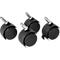 Four black chair casters. Each caster has a round shape with a silver pin for attachment.